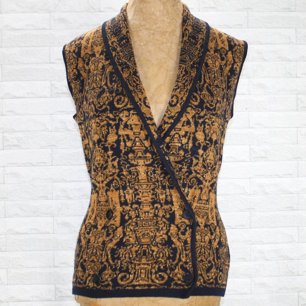 ELLEN TRACY Vest Wool Double Breasted Wrap Metallic Knit Damask Print Navy Gold